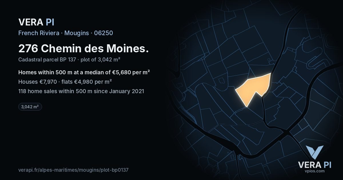 276 Chemin des Moines, Mougins at night – the plot lit, the parcels around coloured by the prices near them