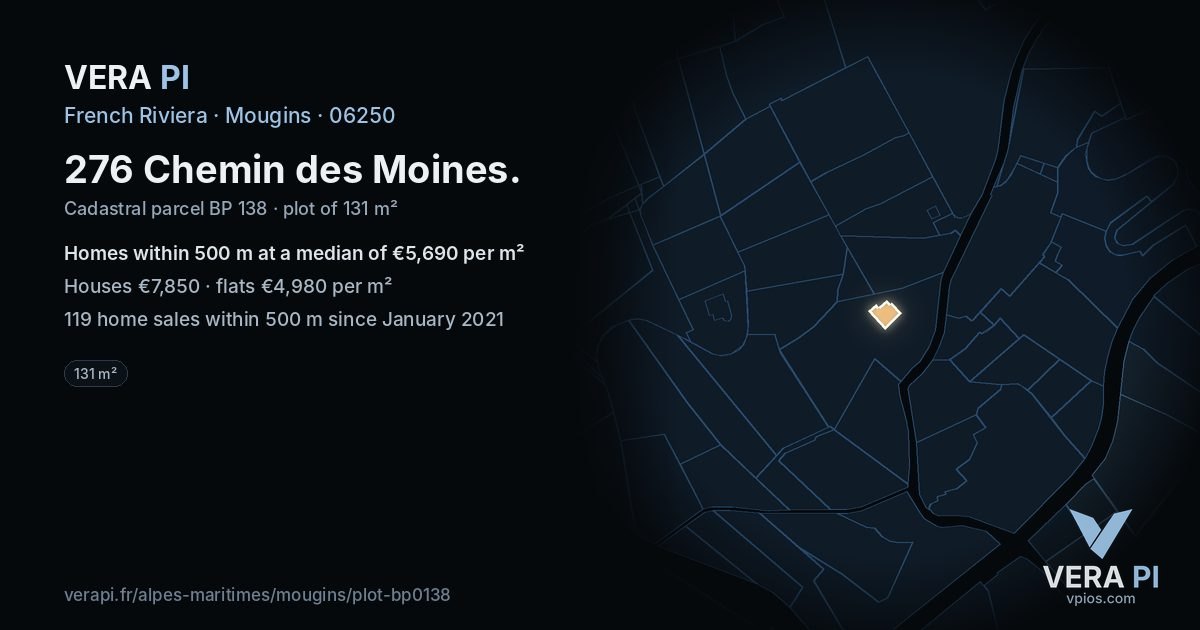276 Chemin des Moines, Mougins at night – the plot lit, the parcels around coloured by the prices near them