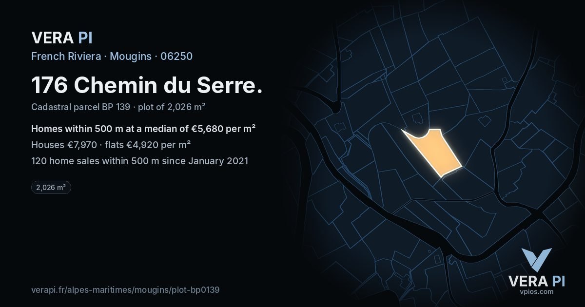 176 Chemin du Serre, Mougins at night – the plot lit, the parcels around coloured by the prices near them