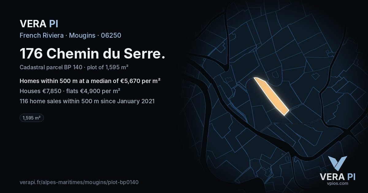 176 Chemin du Serre, Mougins at night – the plot lit, the parcels around coloured by the prices near them