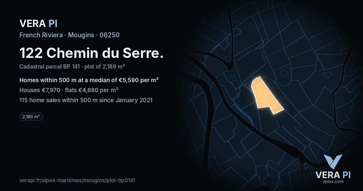 122 Chemin du Serre, Mougins at night – the plot lit, the parcels around coloured by the prices near them