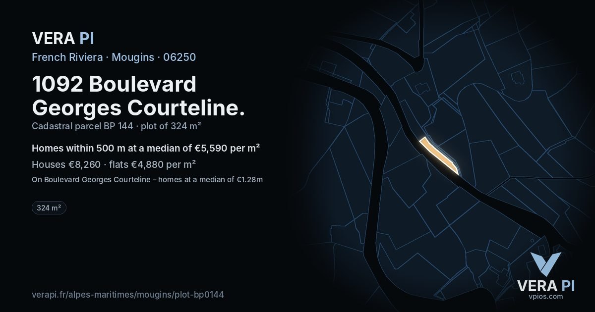 1092 Boulevard Georges Courteline, Mougins at night – the plot lit, the parcels around coloured by the prices near them