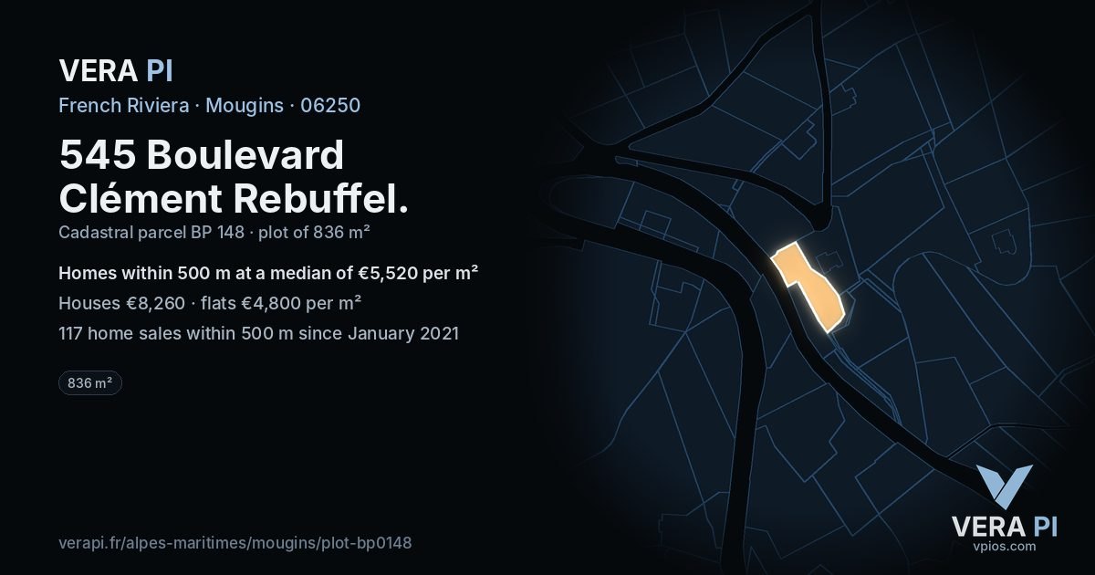 545 Boulevard Clément Rebuffel, Mougins at night – the plot lit, the parcels around coloured by the prices near them