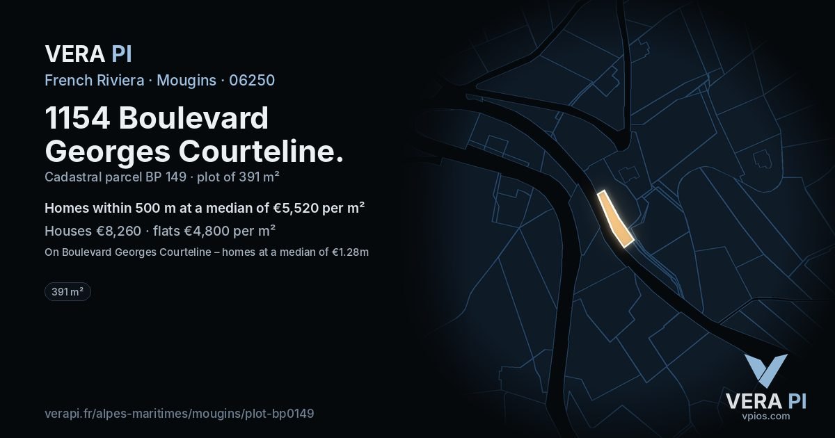 1154 Boulevard Georges Courteline, Mougins at night – the plot lit, the parcels around coloured by the prices near them