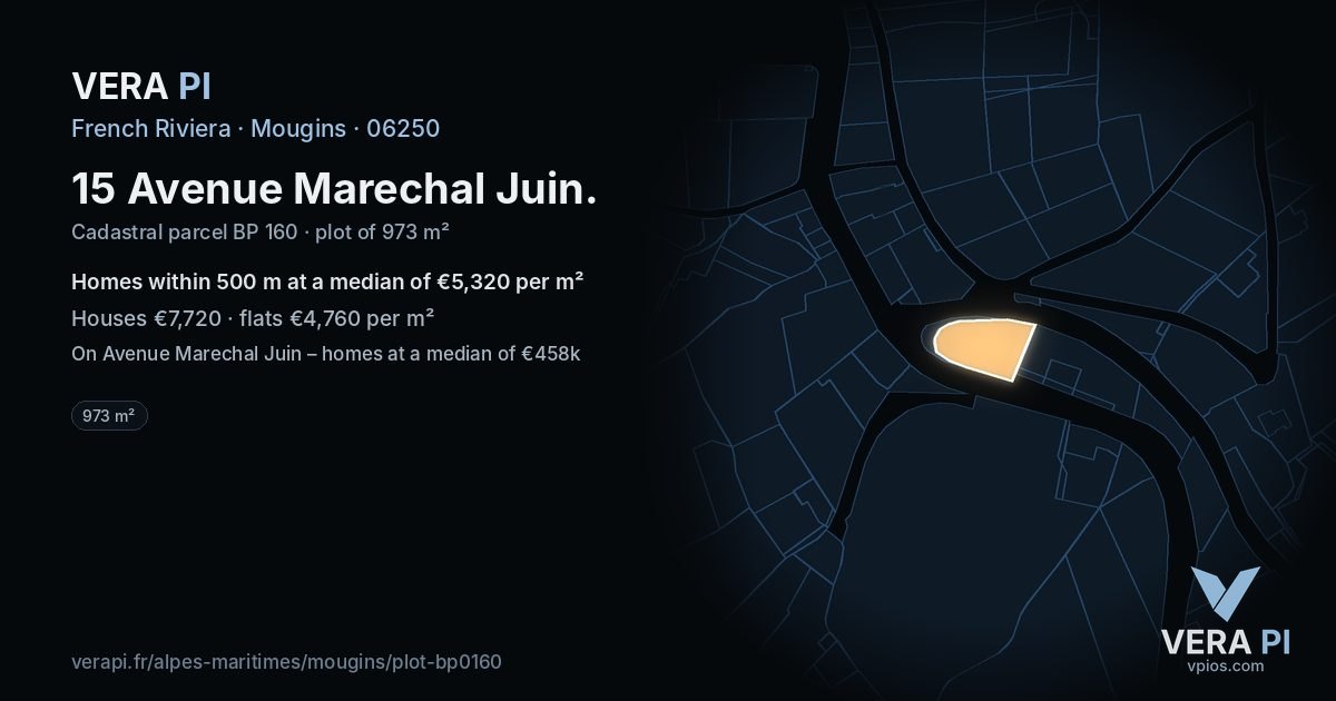 15 Avenue Marechal Juin, Mougins at night – the plot lit, the parcels around coloured by the prices near them