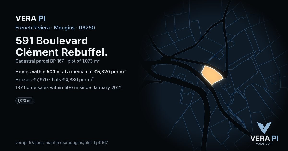 591 Boulevard Clément Rebuffel, Mougins at night – the plot lit, the parcels around coloured by the prices near them