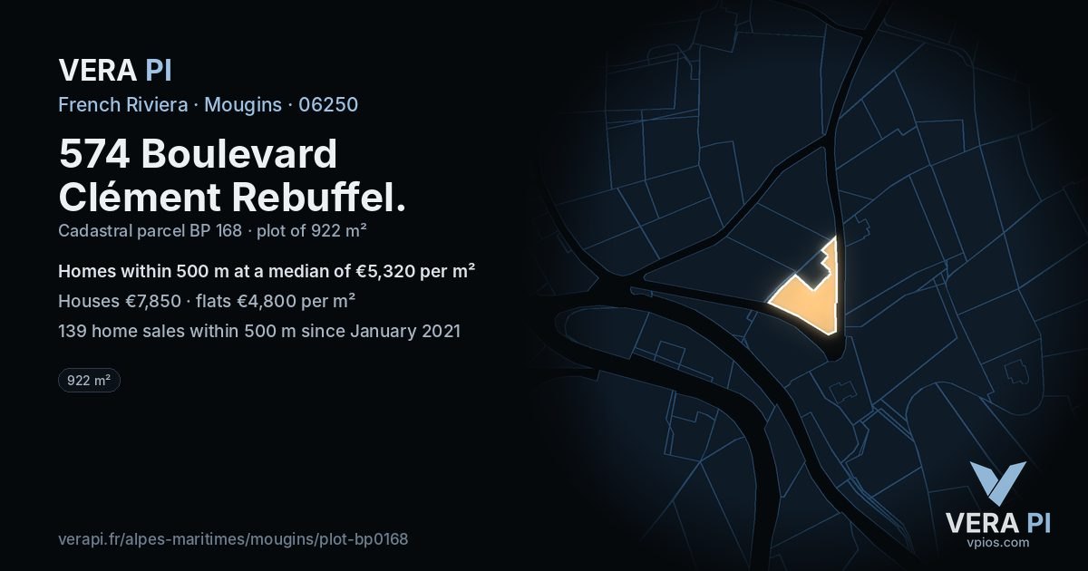 574 Boulevard Clément Rebuffel, Mougins at night – the plot lit, the parcels around coloured by the prices near them