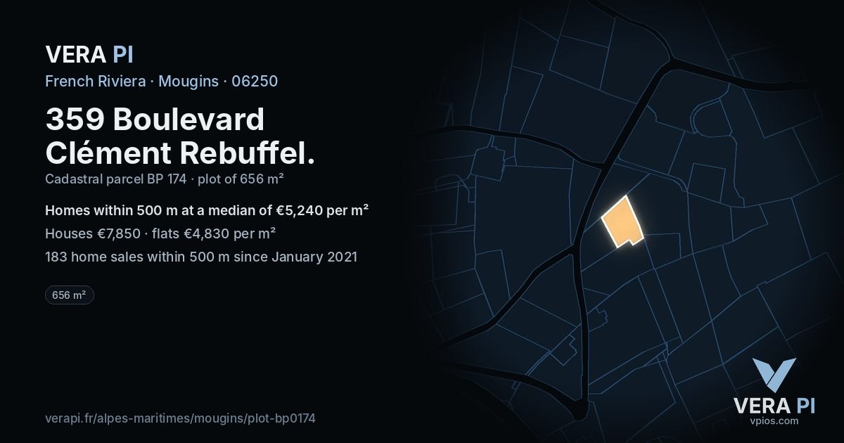 359 Boulevard Clément Rebuffel, Mougins at night – the plot lit, the parcels around coloured by the prices near them