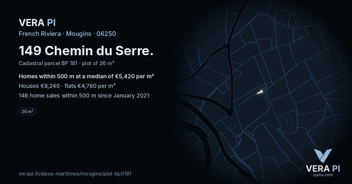 149 Chemin du Serre, Mougins at night – the plot lit, the parcels around coloured by the prices near them