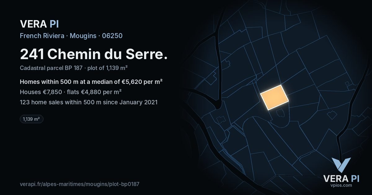 241 Chemin du Serre, Mougins at night – the plot lit, the parcels around coloured by the prices near them