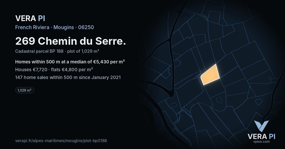 269 Chemin du Serre, Mougins at night – the plot lit, the parcels around coloured by the prices near them