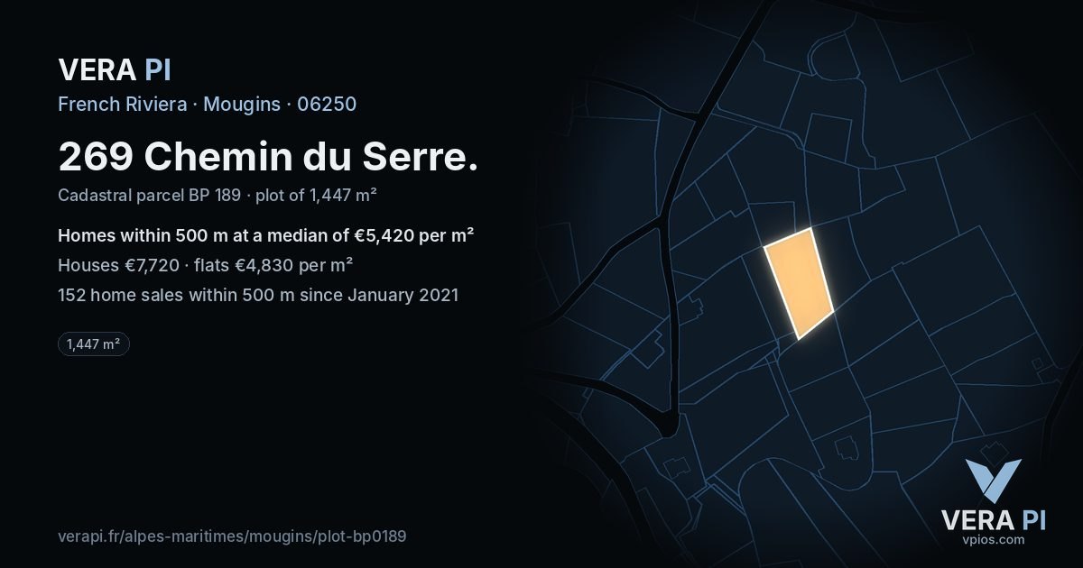 269 Chemin du Serre, Mougins at night – the plot lit, the parcels around coloured by the prices near them