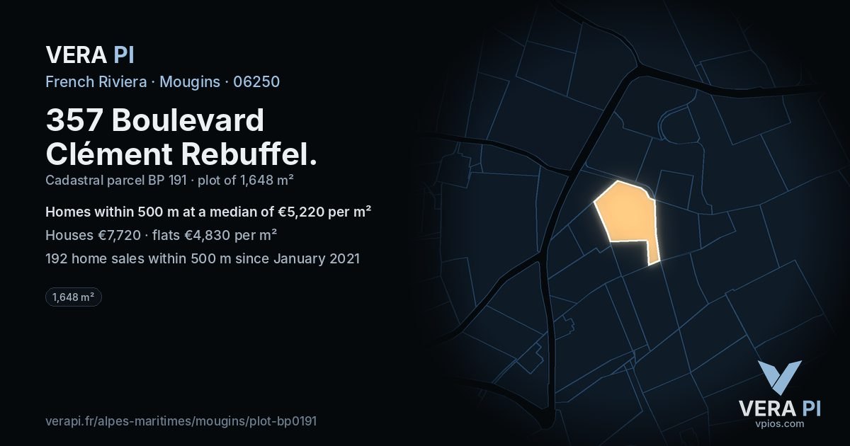 357 Boulevard Clément Rebuffel, Mougins at night – the plot lit, the parcels around coloured by the prices near them