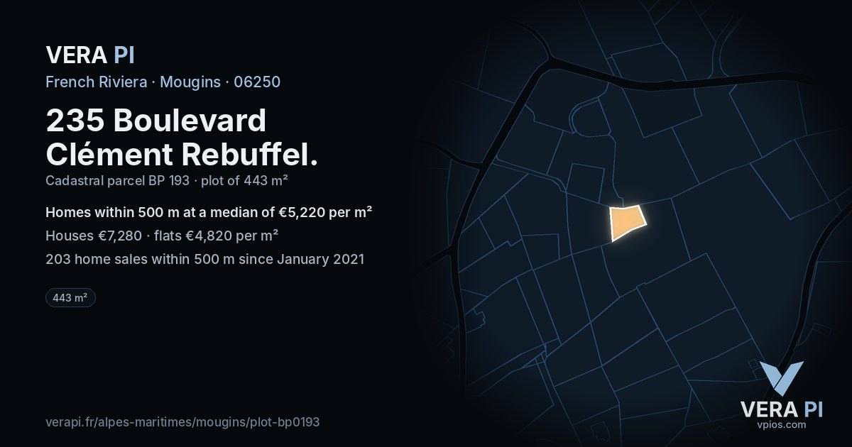 235 Boulevard Clément Rebuffel, Mougins at night – the plot lit, the parcels around coloured by the prices near them