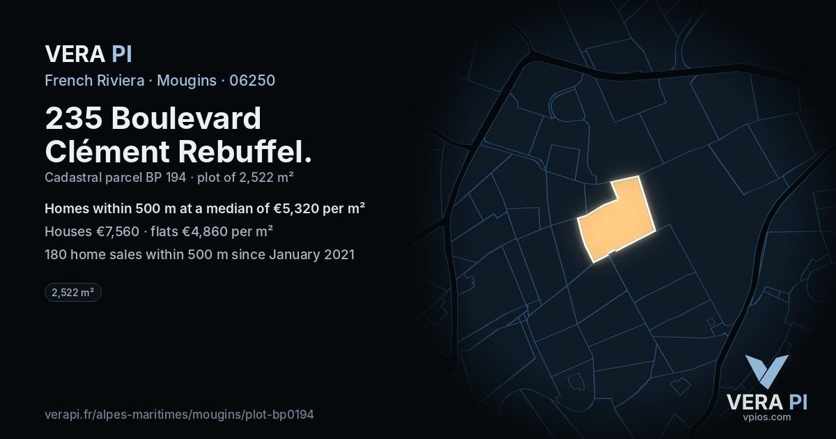 235 Boulevard Clément Rebuffel, Mougins at night – the plot lit, the parcels around coloured by the prices near them