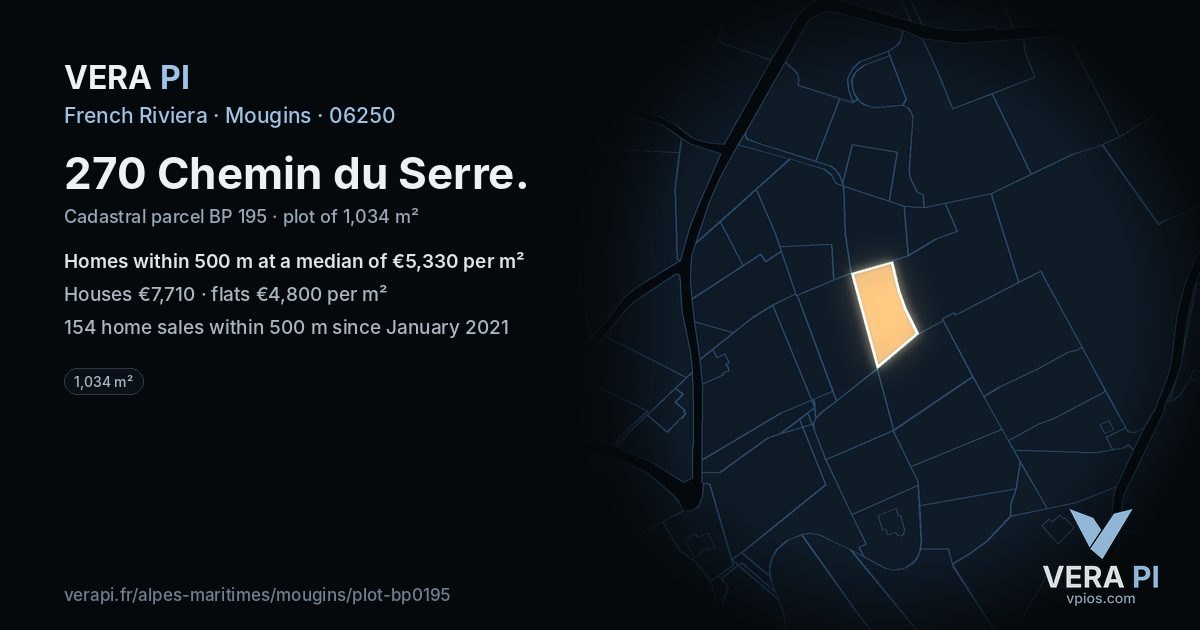 270 Chemin du Serre, Mougins at night – the plot lit, the parcels around coloured by the prices near them