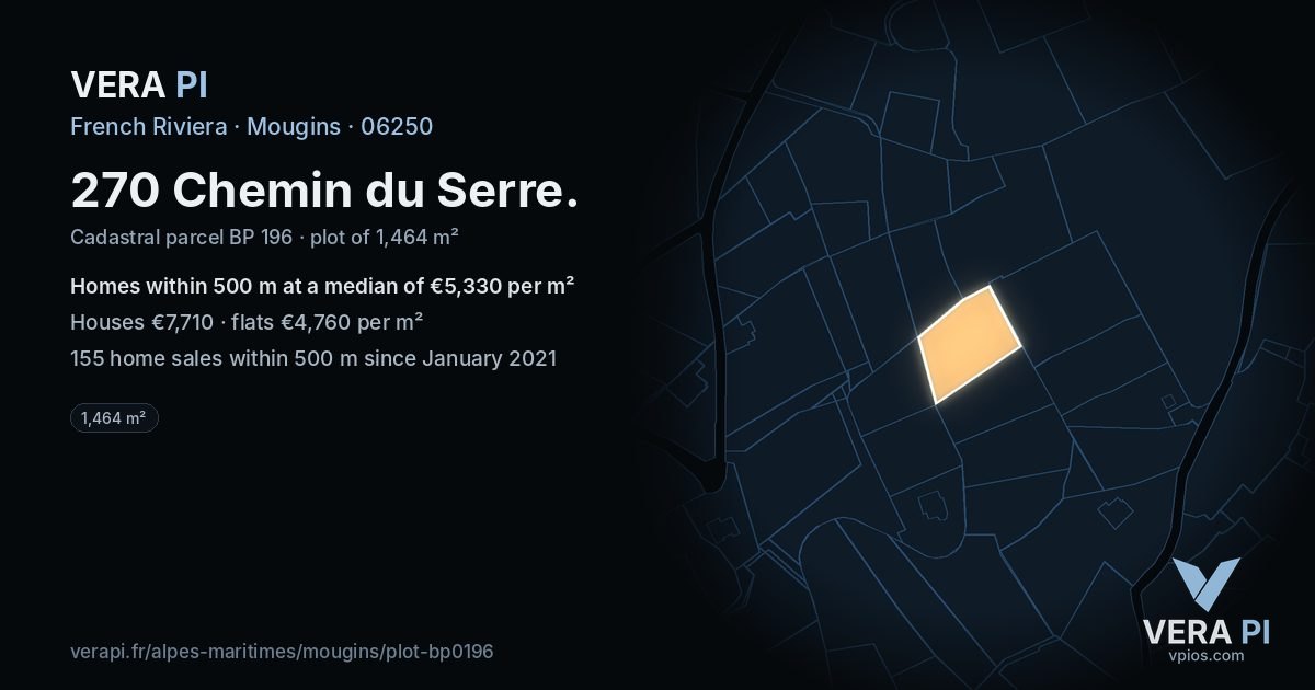 270 Chemin du Serre, Mougins at night – the plot lit, the parcels around coloured by the prices near them