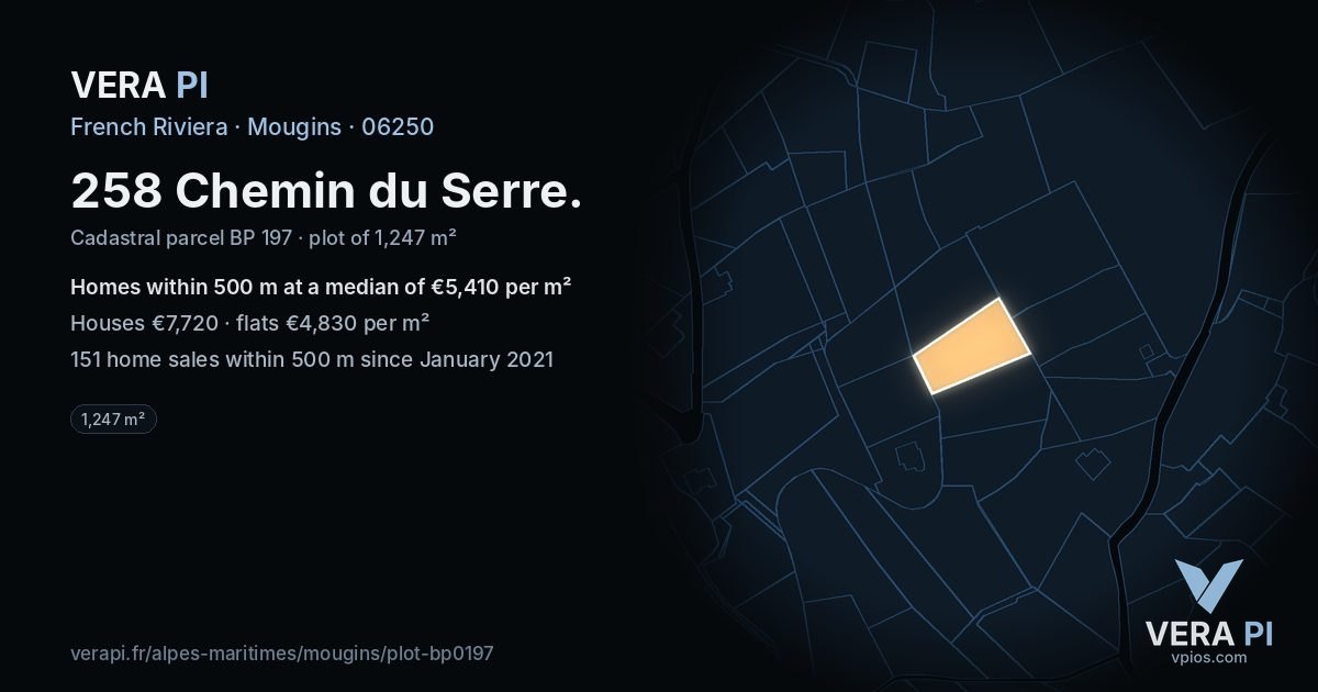 258 Chemin du Serre, Mougins at night – the plot lit, the parcels around coloured by the prices near them