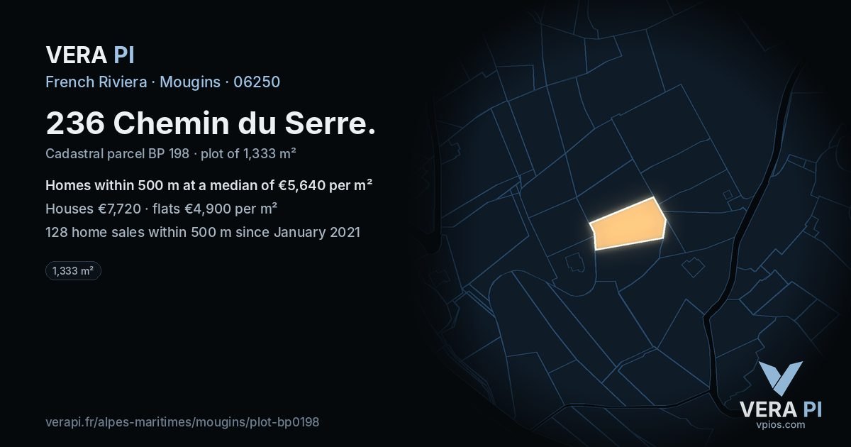 236 Chemin du Serre, Mougins at night – the plot lit, the parcels around coloured by the prices near them