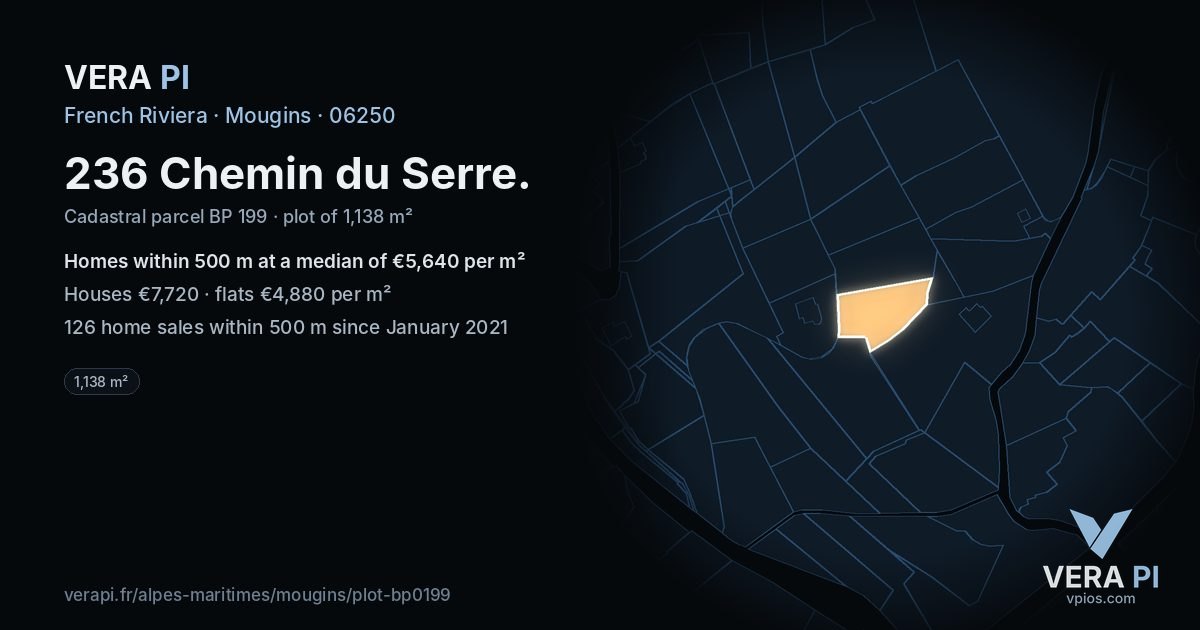 236 Chemin du Serre, Mougins at night – the plot lit, the parcels around coloured by the prices near them