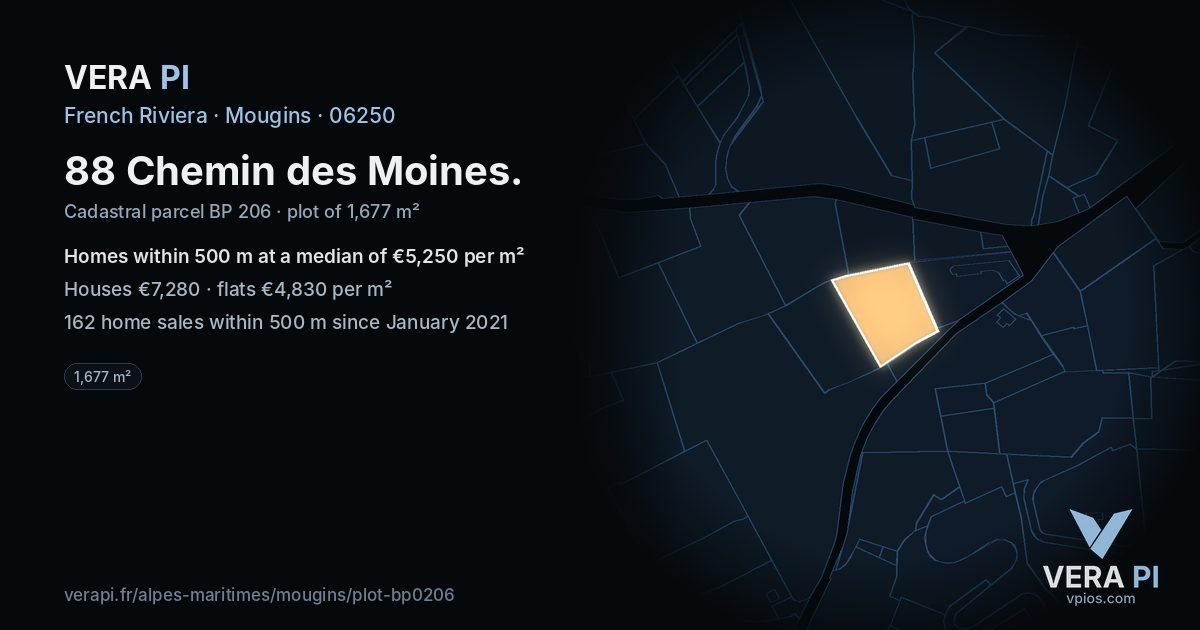 88 Chemin des Moines, Mougins at night – the plot lit, the parcels around coloured by the prices near them