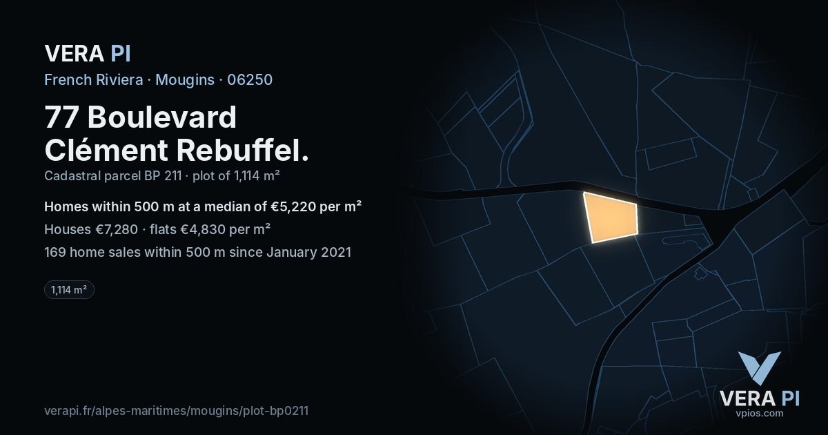 77 Boulevard Clément Rebuffel, Mougins at night – the plot lit, the parcels around coloured by the prices near them