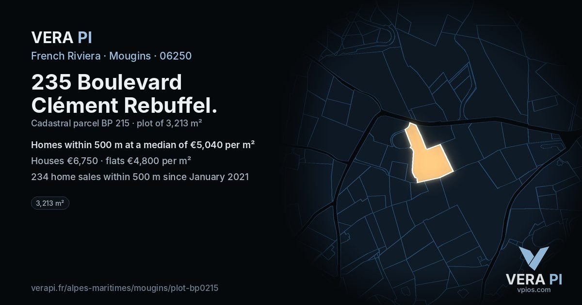 235 Boulevard Clément Rebuffel, Mougins at night – the plot lit, the parcels around coloured by the prices near them
