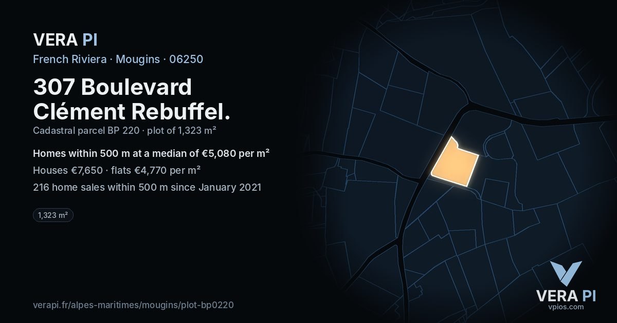 307 Boulevard Clément Rebuffel, Mougins at night – the plot lit, the parcels around coloured by the prices near them