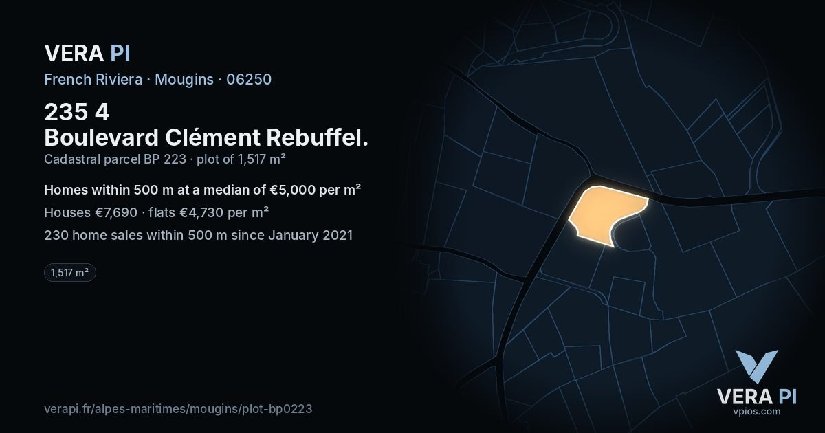 235 4 Boulevard Clément Rebuffel, Mougins at night – the plot lit, the parcels around coloured by the prices near them
