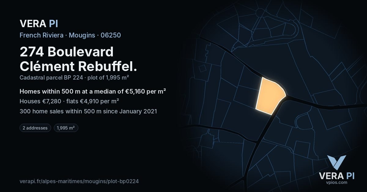 274 Boulevard Clément Rebuffel, Mougins at night – the plot lit, the parcels around coloured by the prices near them