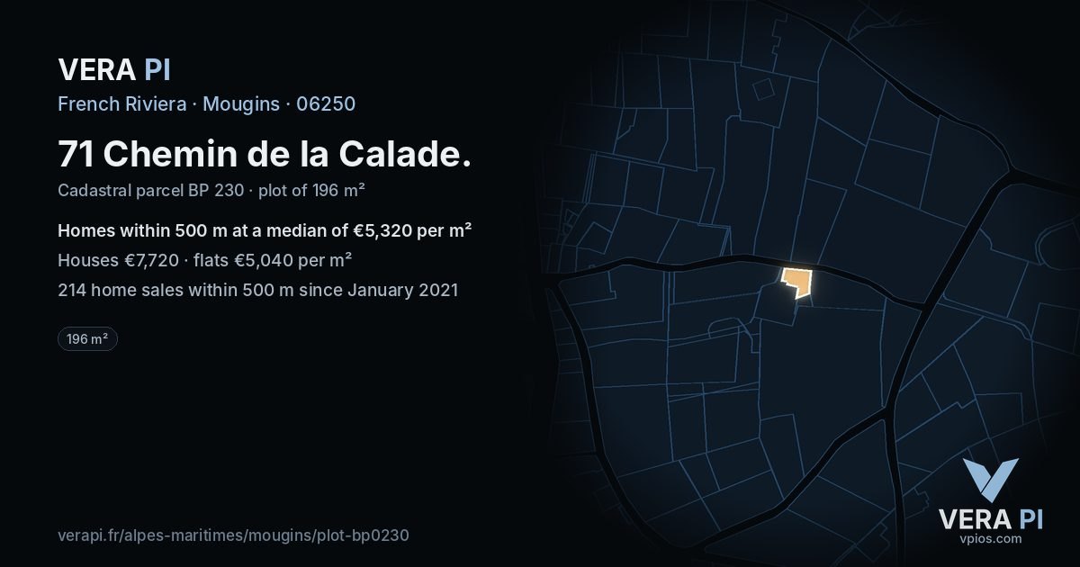71 Chemin de la Calade, Mougins at night – the plot lit, the parcels around coloured by the prices near them