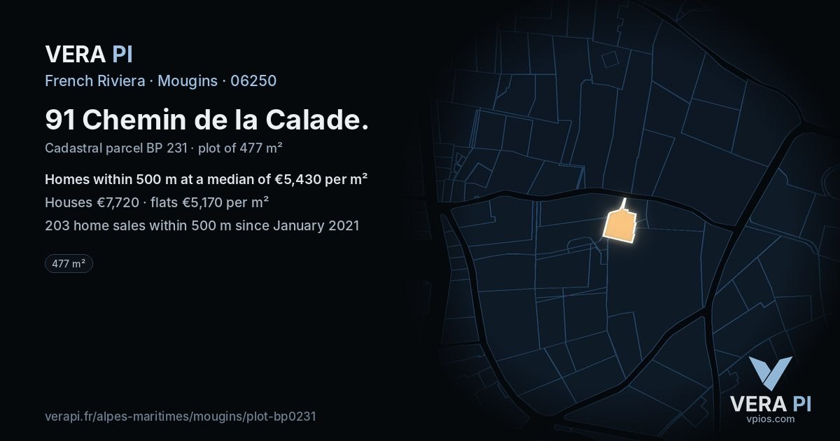 91 Chemin de la Calade, Mougins at night – the plot lit, the parcels around coloured by the prices near them