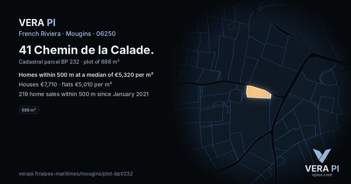 41 Chemin de la Calade, Mougins at night – the plot lit, the parcels around coloured by the prices near them