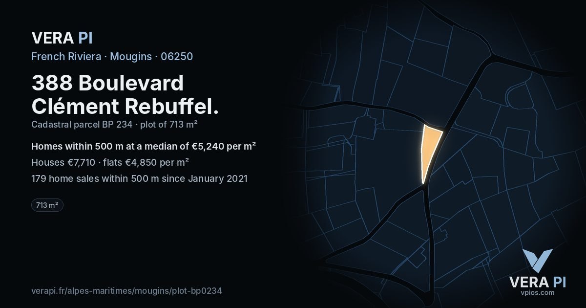 388 Boulevard Clément Rebuffel, Mougins at night – the plot lit, the parcels around coloured by the prices near them