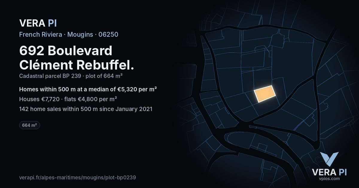 692 Boulevard Clément Rebuffel, Mougins at night – the plot lit, the parcels around coloured by the prices near them