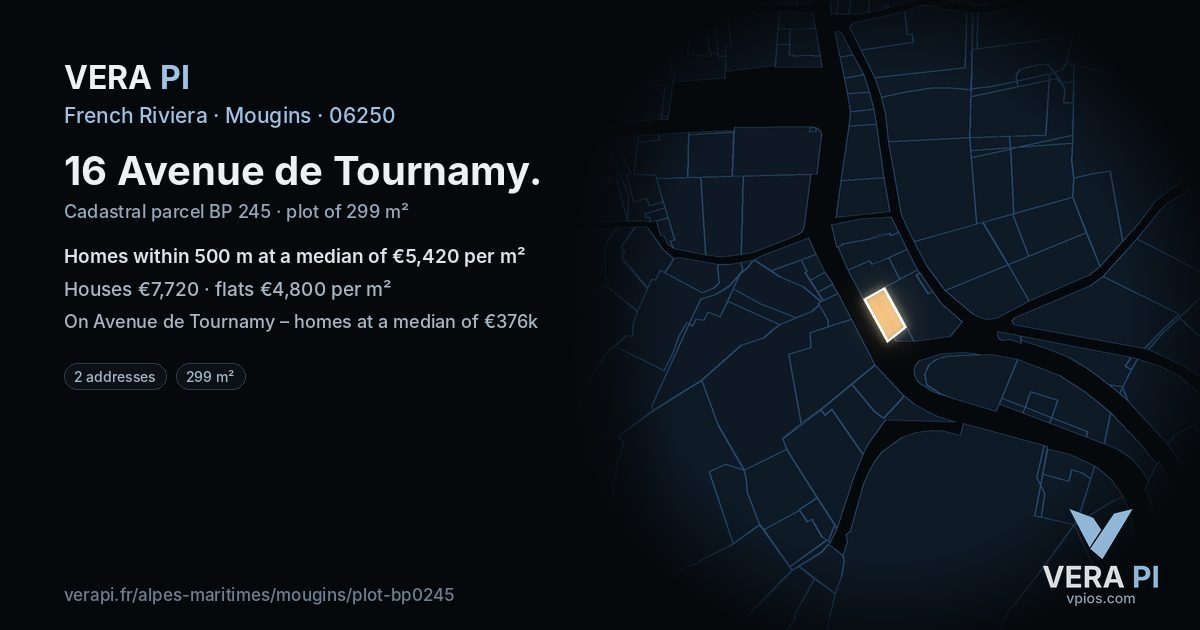 16 Avenue de Tournamy, Mougins at night – the plot lit, the parcels around coloured by the prices near them