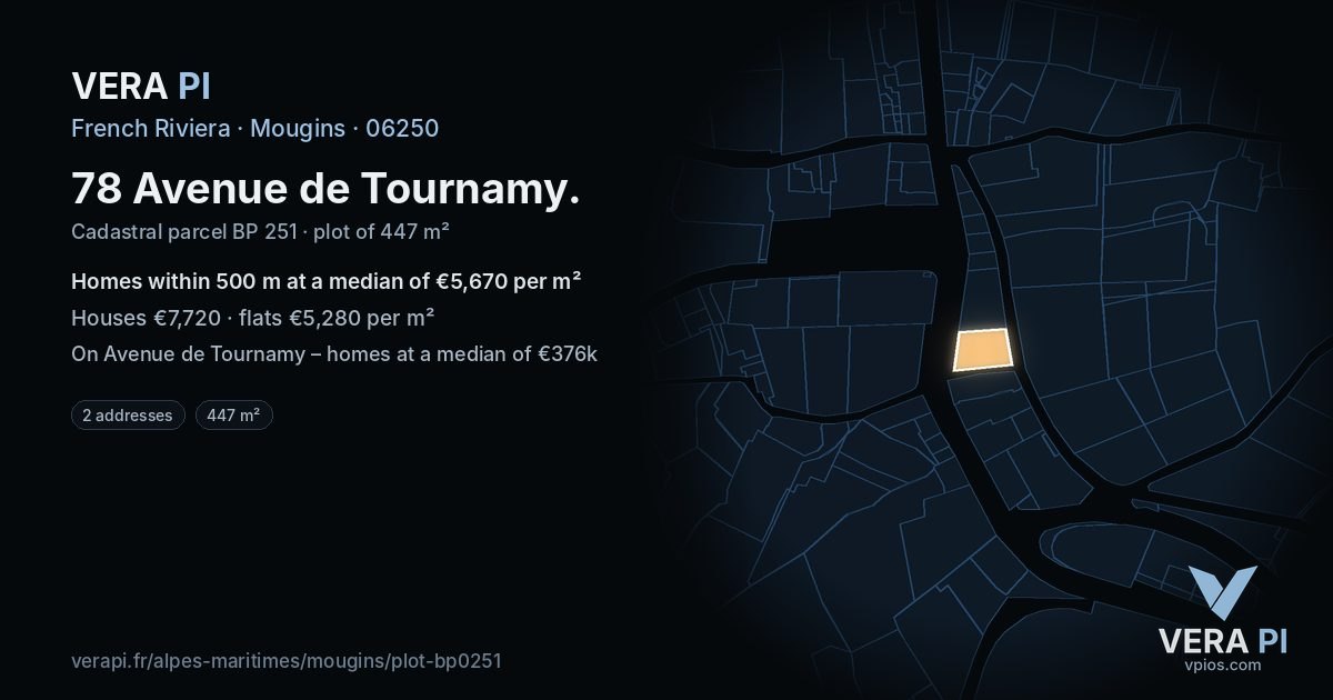 78 Avenue de Tournamy, Mougins at night – the plot lit, the parcels around coloured by the prices near them