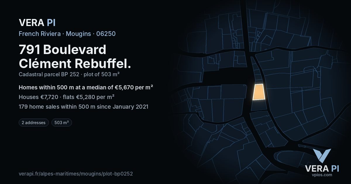 791 Boulevard Clément Rebuffel, Mougins at night – the plot lit, the parcels around coloured by the prices near them