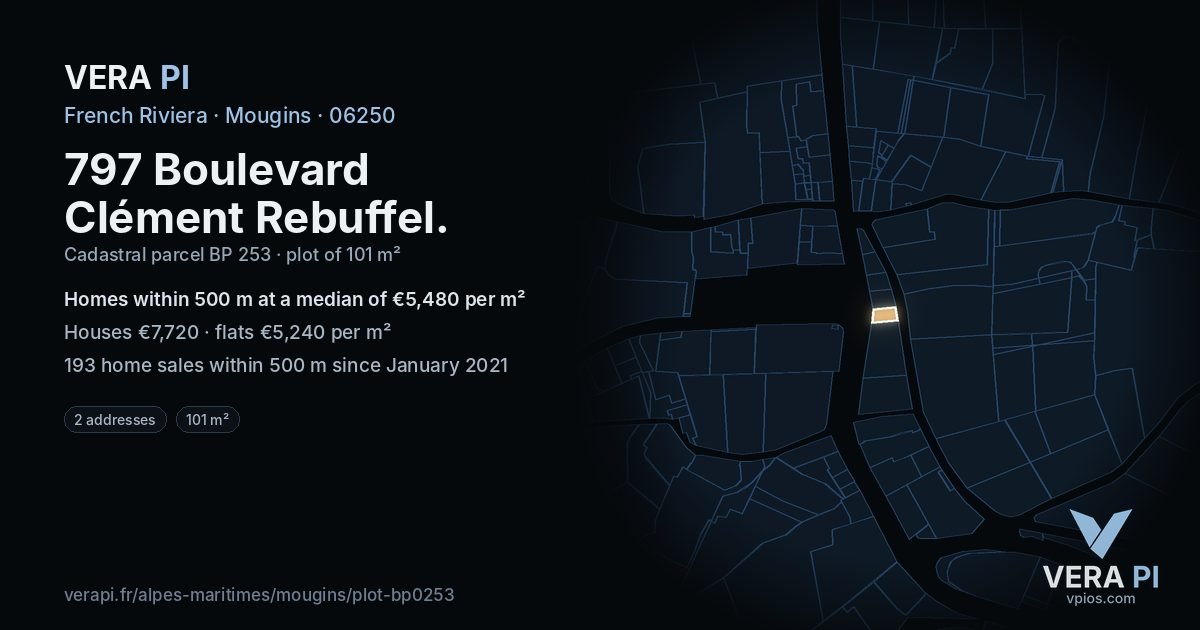797 Boulevard Clément Rebuffel, Mougins at night – the plot lit, the parcels around coloured by the prices near them