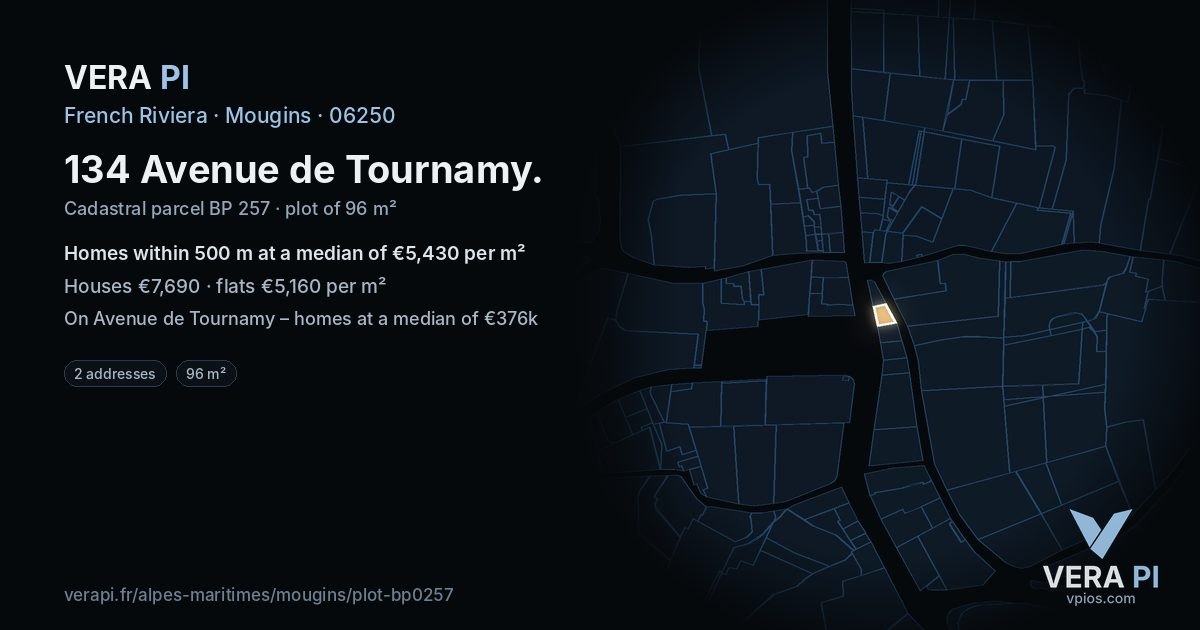 134 Avenue de Tournamy, Mougins at night – the plot lit, the parcels around coloured by the prices near them