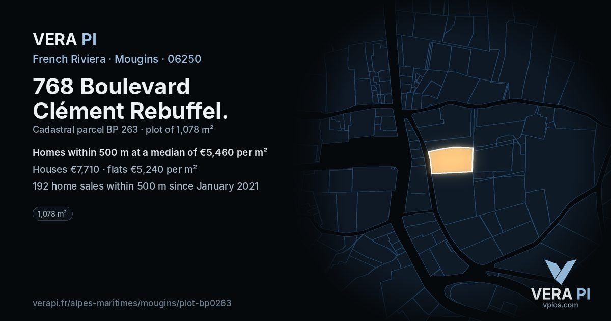 768 Boulevard Clément Rebuffel, Mougins at night – the plot lit, the parcels around coloured by the prices near them