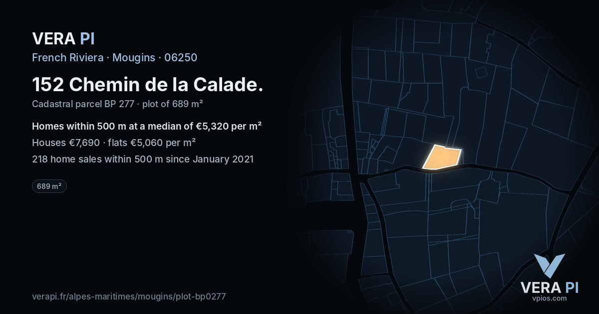 152 Chemin de la Calade, Mougins at night – the plot lit, the parcels around coloured by the prices near them