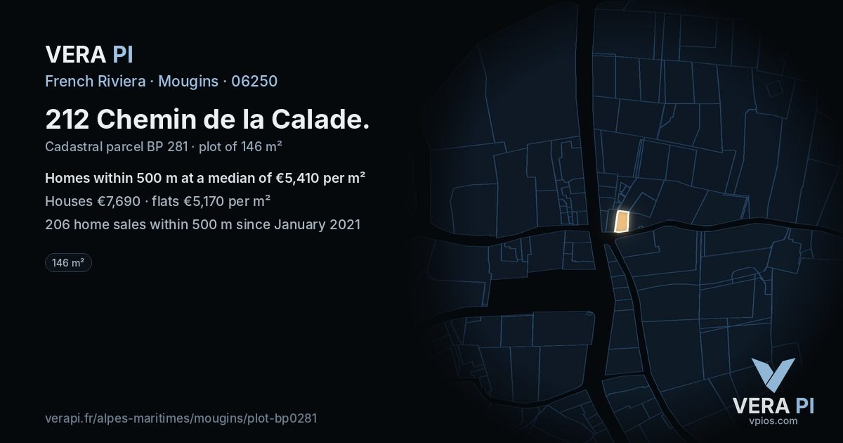 212 Chemin de la Calade, Mougins at night – the plot lit, the parcels around coloured by the prices near them