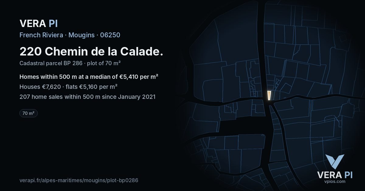 220 Chemin de la Calade, Mougins at night – the plot lit, the parcels around coloured by the prices near them