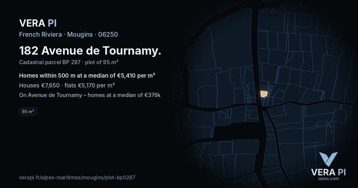182 Avenue de Tournamy, Mougins at night – the plot lit, the parcels around coloured by the prices near them