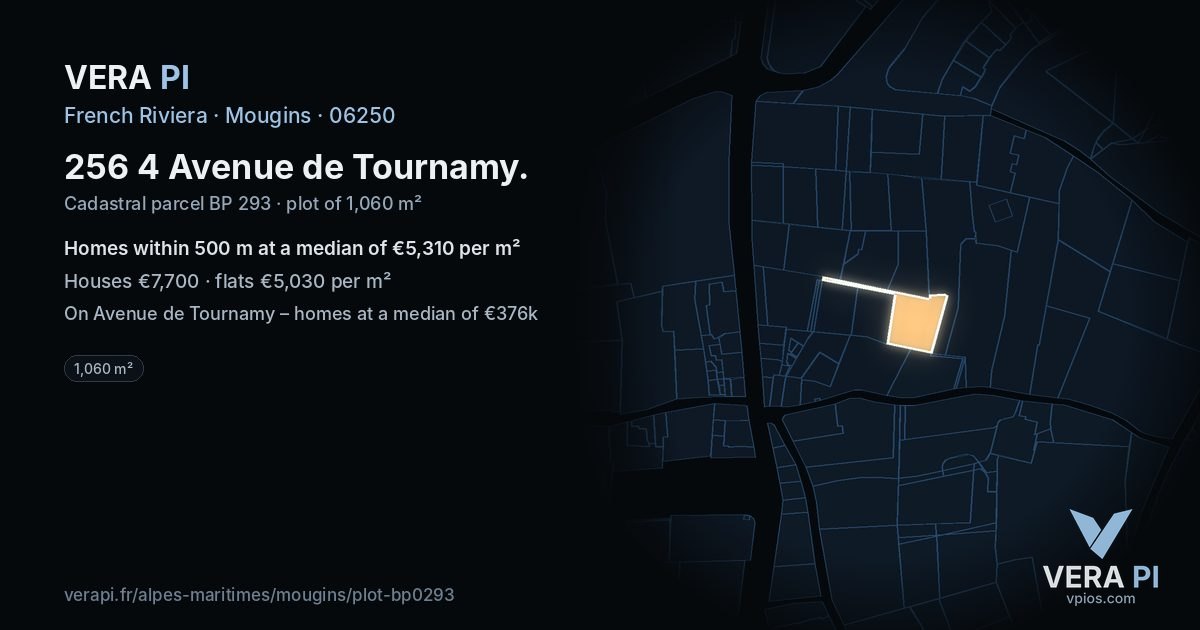 256 4 Avenue de Tournamy, Mougins at night – the plot lit, the parcels around coloured by the prices near them