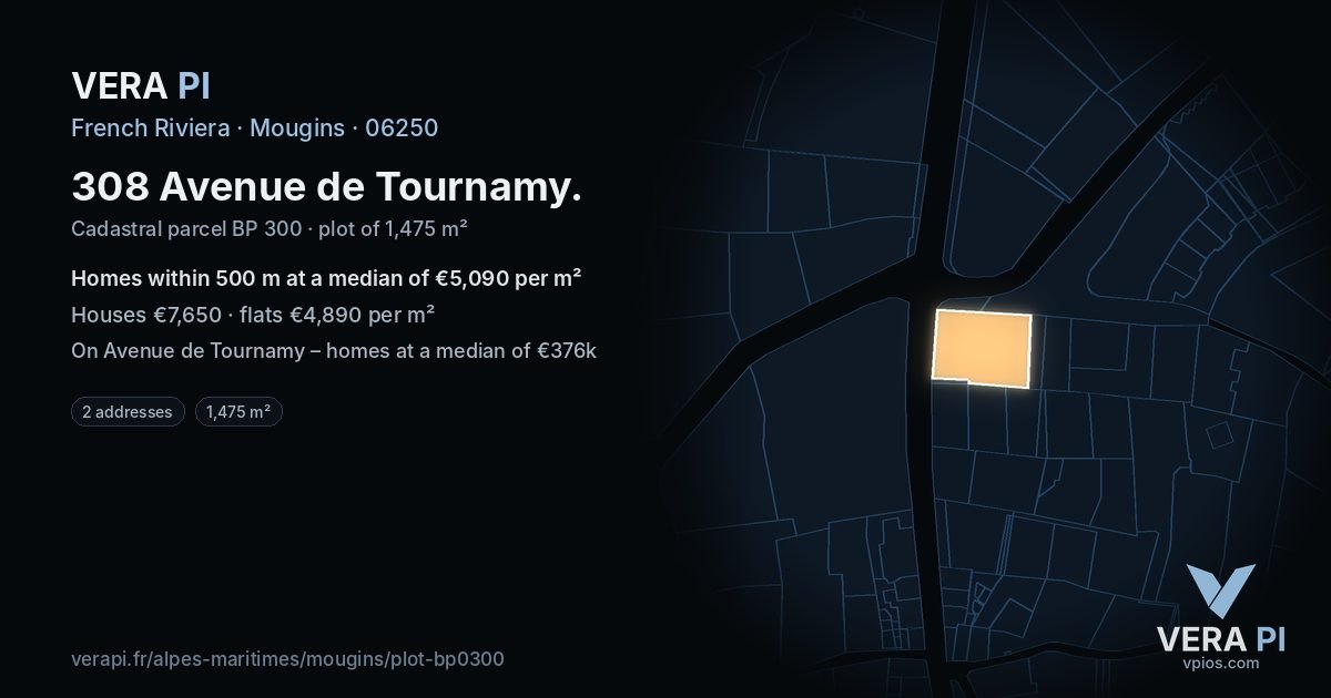 308 Avenue de Tournamy, Mougins at night – the plot lit, the parcels around coloured by the prices near them