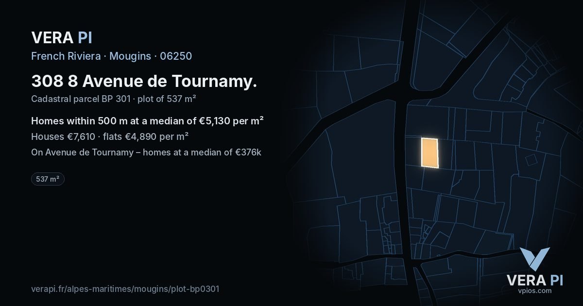 308 8 Avenue de Tournamy, Mougins at night – the plot lit, the parcels around coloured by the prices near them