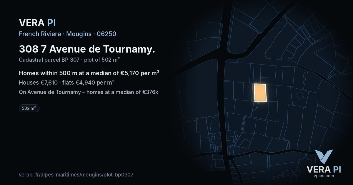 308 7 Avenue de Tournamy, Mougins at night – the plot lit, the parcels around coloured by the prices near them