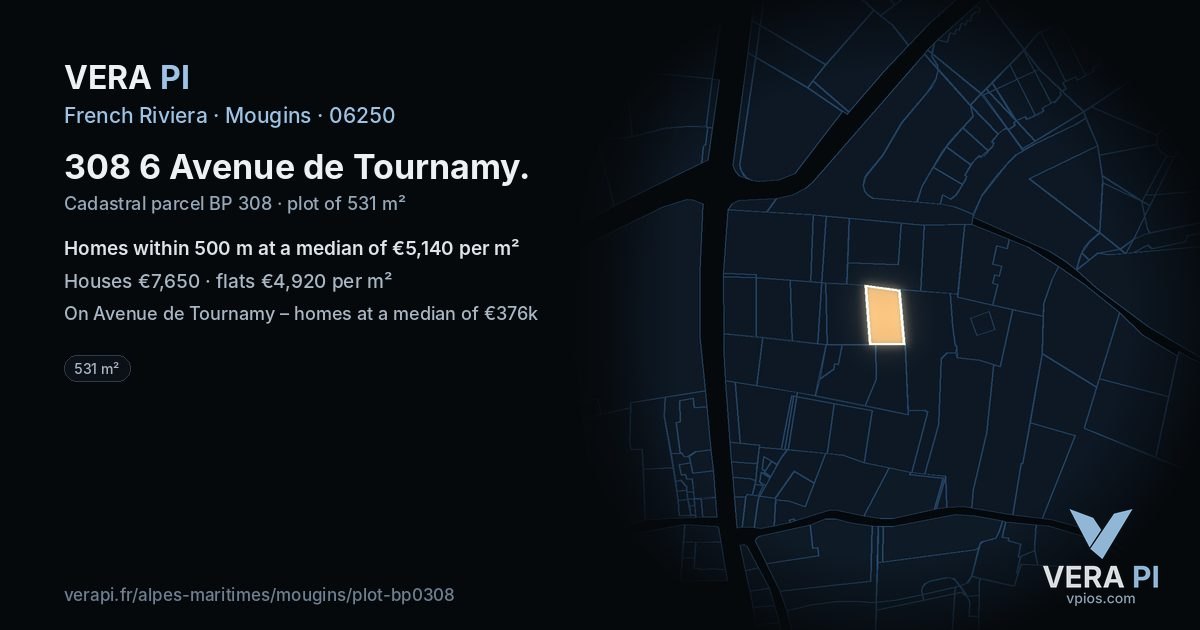 308 6 Avenue de Tournamy, Mougins at night – the plot lit, the parcels around coloured by the prices near them